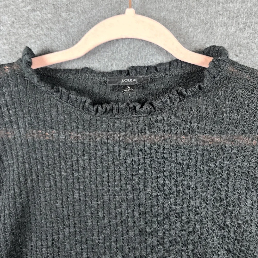 J. Crew Women L Dark Gray/Grey Short Sleeve Sheer Shirt Ruffled Collar - Picture 3 of 8